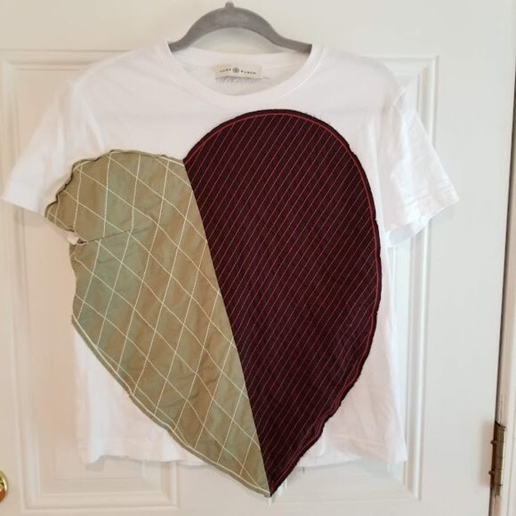 Tory Burch Heart Patch T-Shirt, Size Small, Embroidered, Applique Quilted, HTF - Picture 1 of 11